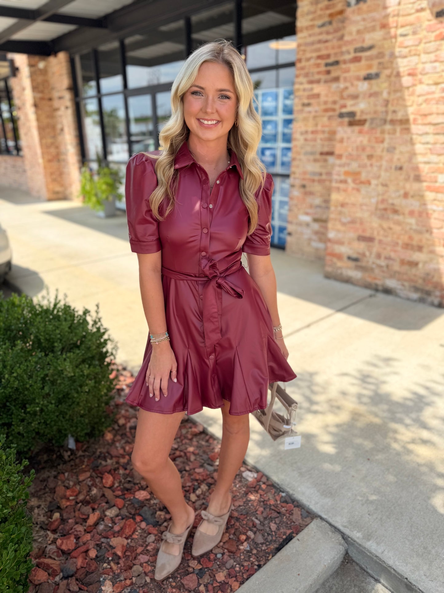 leather belted dress in burgundy