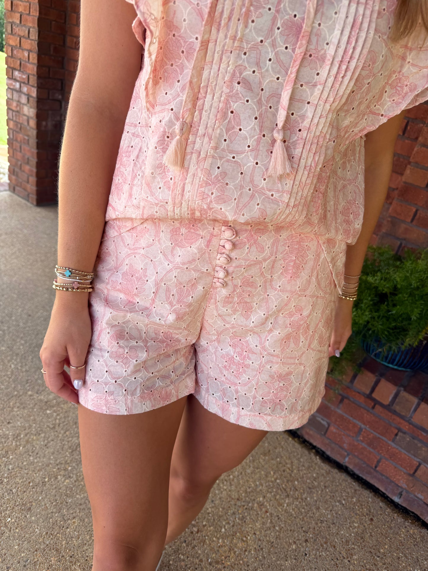 The Blush bloom eyelet button shorts