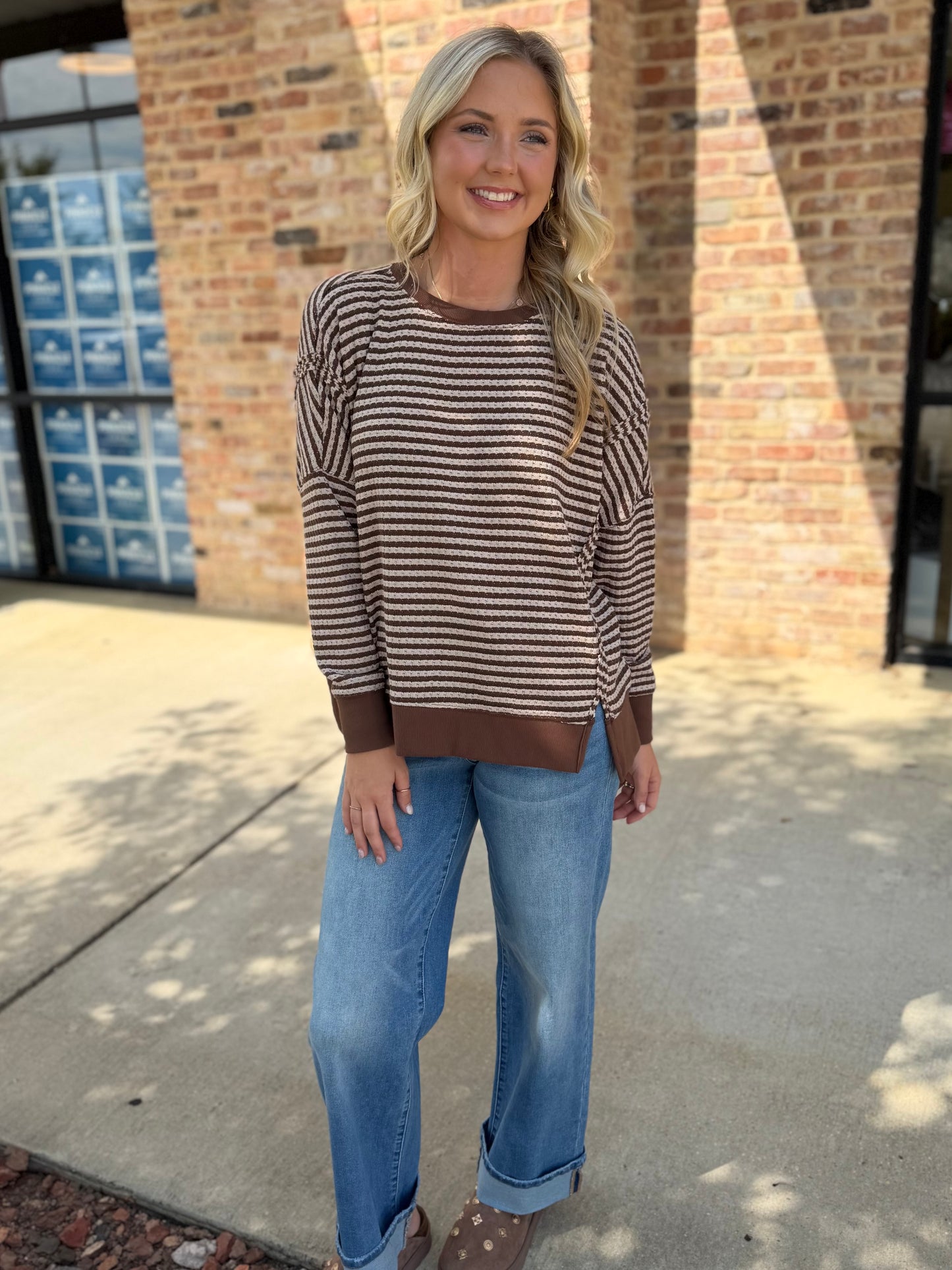 raw edge stripe top