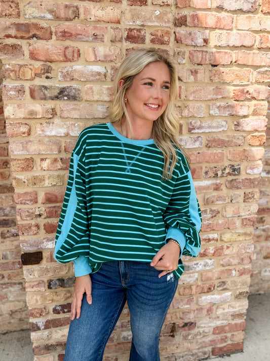 baker stripe top- hunter green