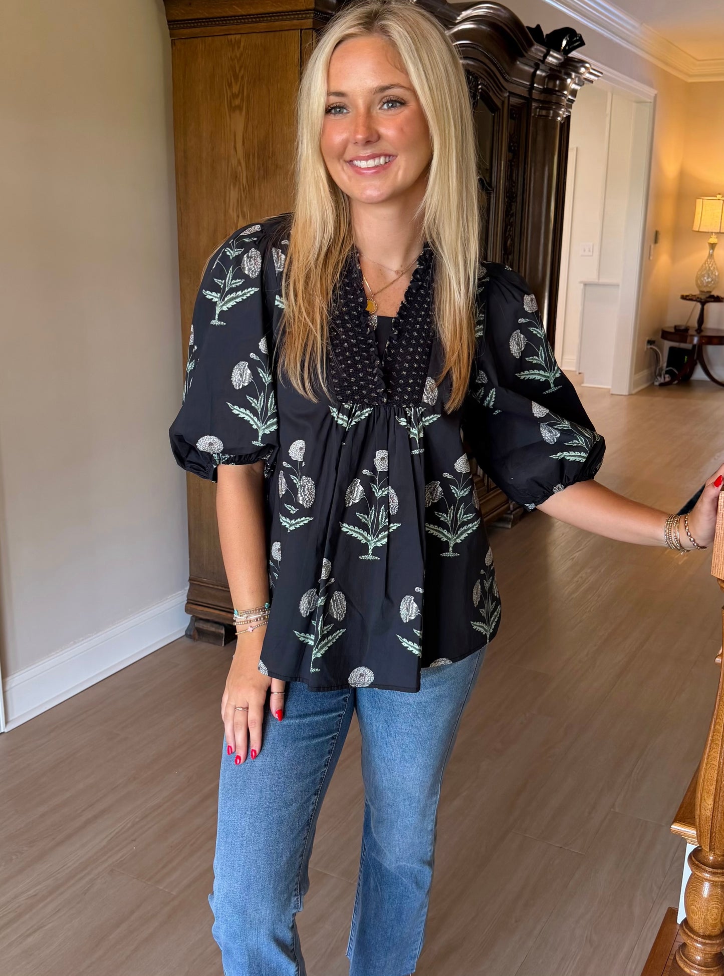 The Smocked Neck Print Top