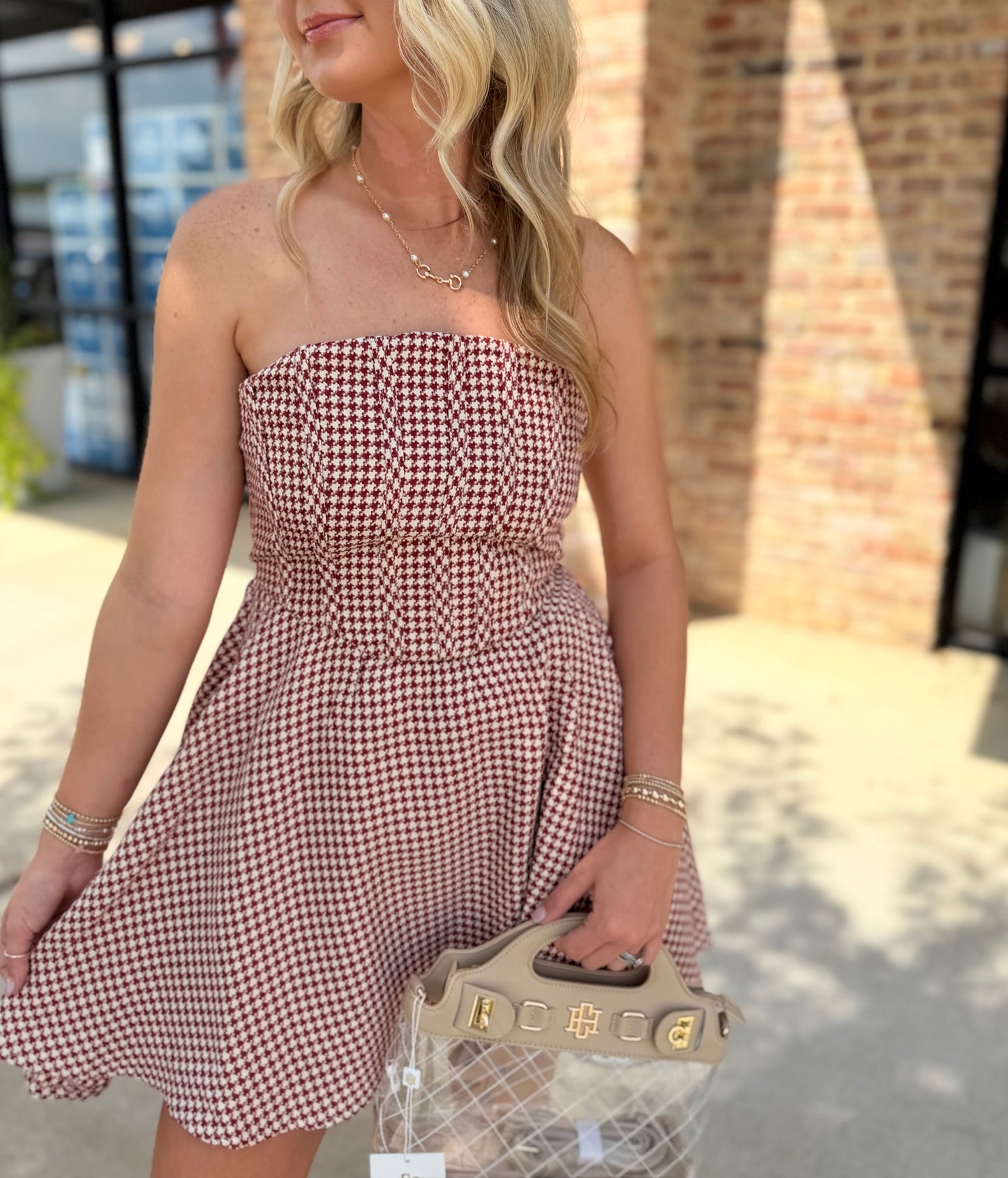 checkered strapless dress- burgundy