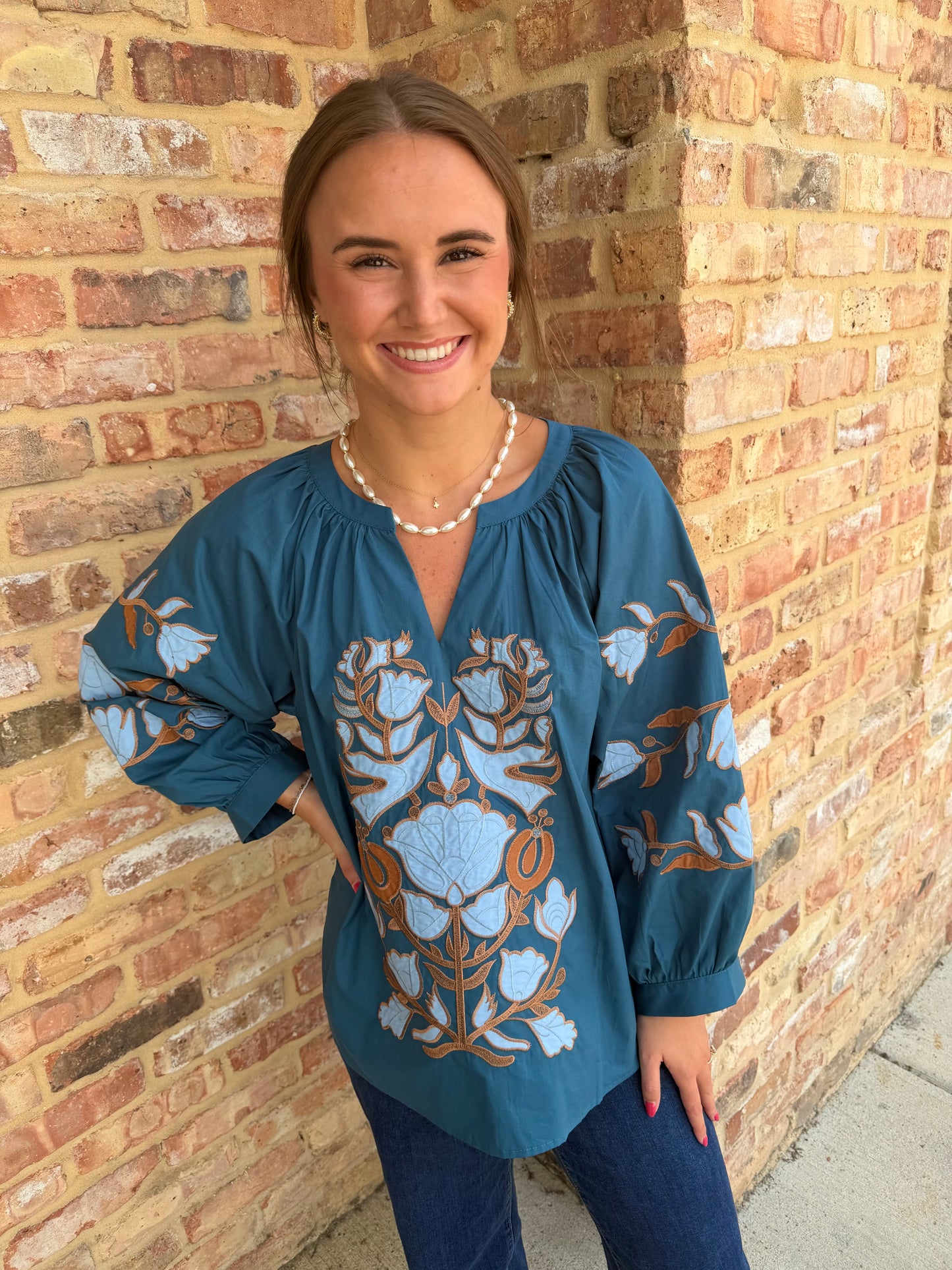 embroidered top - teal
