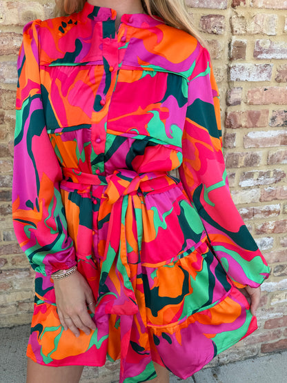 fuschia swirl satin dress by karlie